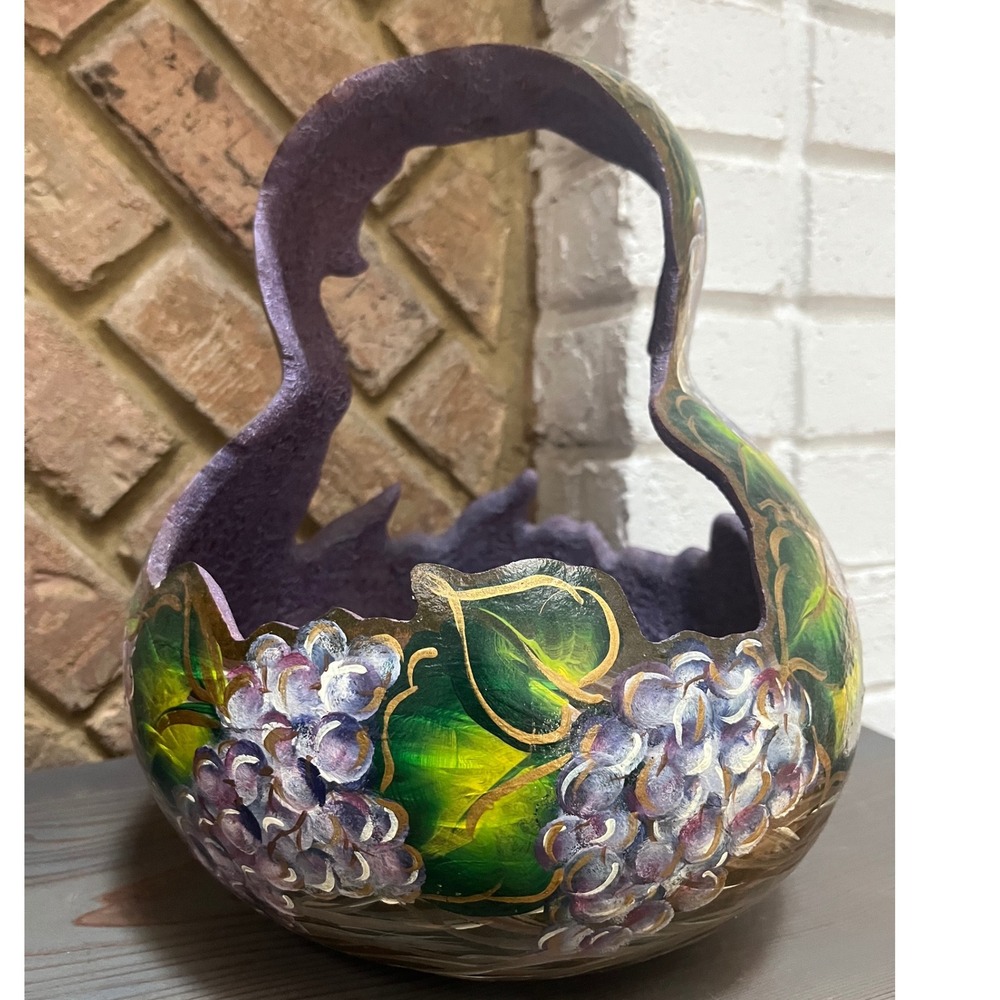 Vtg Hand-Painted Gourd Basket Hanging Planter‎ Pot Stitched  Prple green gold